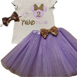 Disney Inspired 2nd Birthday Tule Skirt, Tee, & Sparkle Hair Bow I'm TWODLES